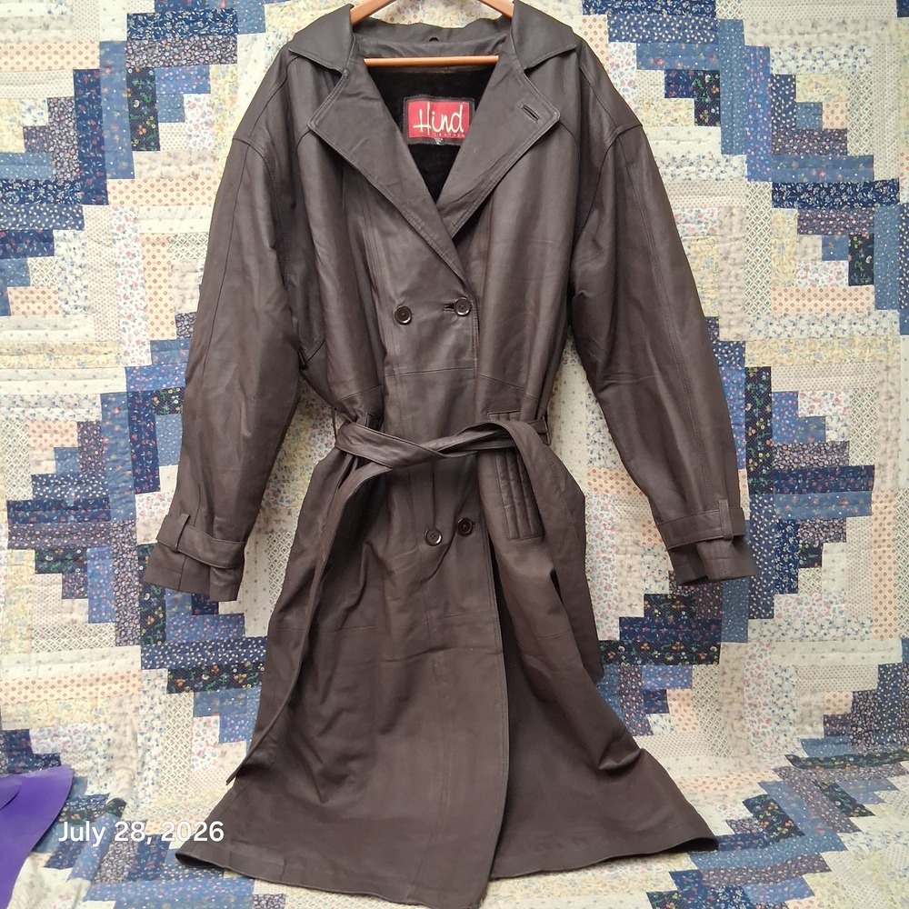 Hind Leather Trench Coat Womens XL Brown Belted Removable Liner Duster
